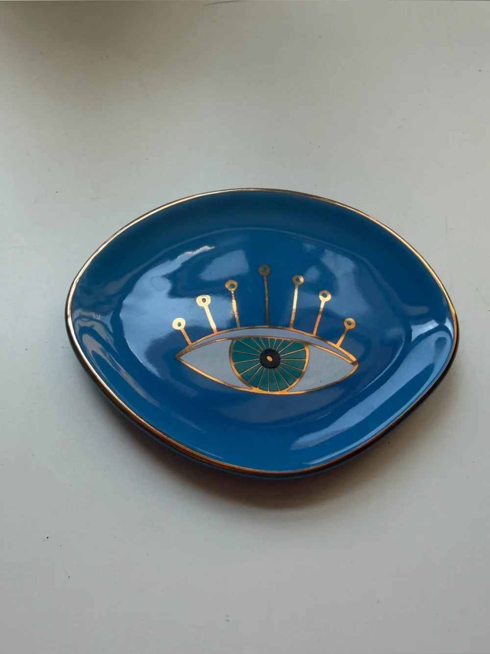 Celestial Evil Eye Ceramic Trinket Dish Gold Rim Blue Catchall